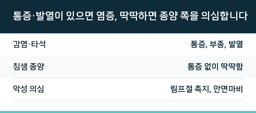 통증·발열이 있으면 염증, 딱딱하면 종양 쪽을 의심합니다